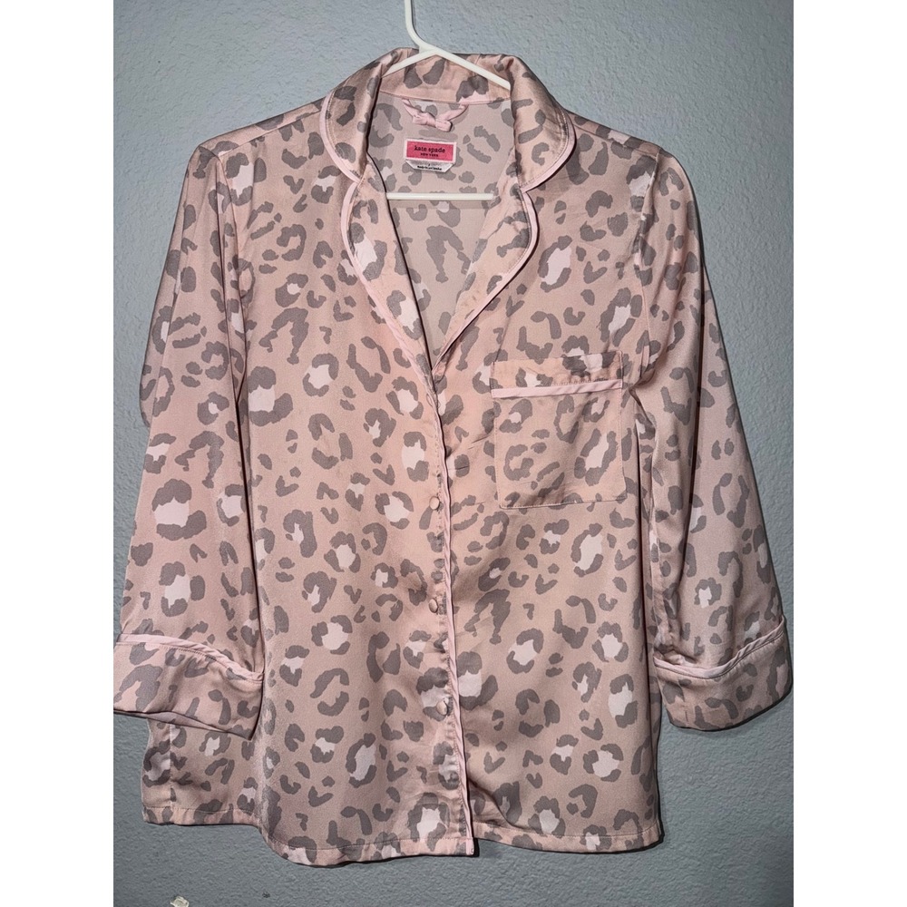 Kate Spade Pijama Top S Pink Leopard Print Satin 3/4 Sleeve Button Girly